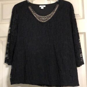 Black lace overlay blouse with jeweled neckline size xl